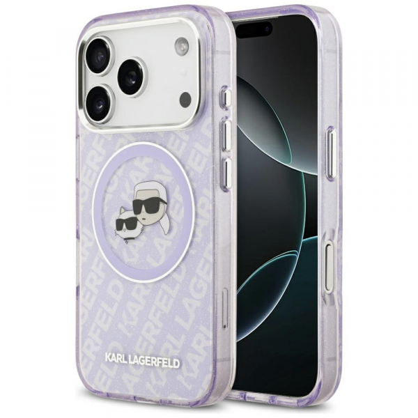 Husa MagSafe pentru Apple iPhone 18 Pro / 17 Pro, Karl Lagerfeld, IML Glitter Karl & Choupette`s Heads, Mov