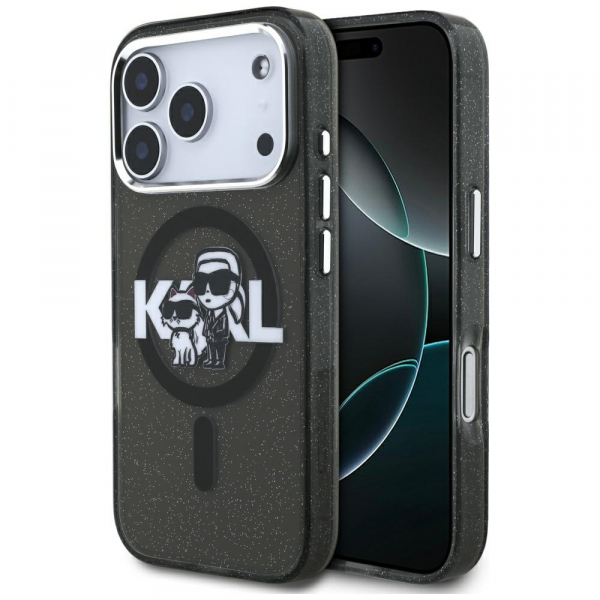 Husa MagSafe pentru Apple iPhone 18 Pro / 17 Pro, Karl Lagerfeld, IML Sketch Logo Glitter Karl & Choupette, Neagra