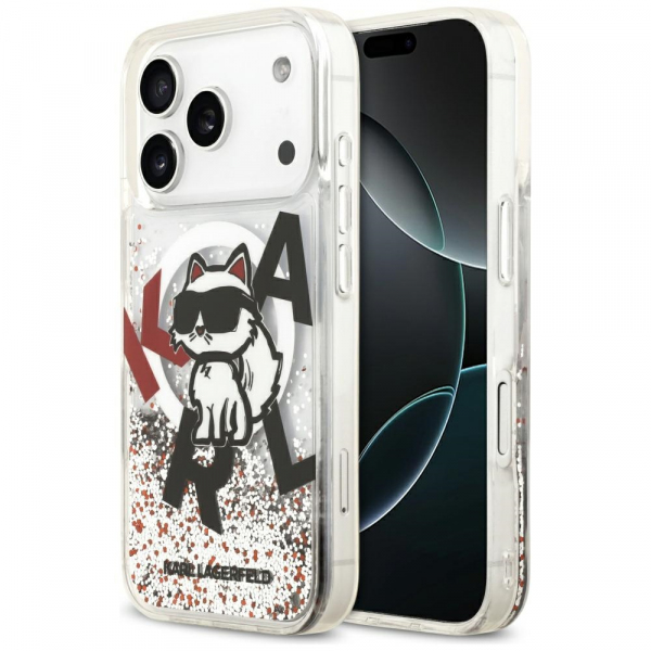 Husa MagSafe pentru Apple iPhone 18 Pro / 17 Pro, Karl Lagerfeld, Liquid Glitter Choupette Logo, Transparenta
