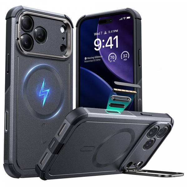 Husa MagSafe pentru Apple iPhone 18 Pro Max / 17 Pro Max, ESR, Cyber Armor Kickstand, Gri