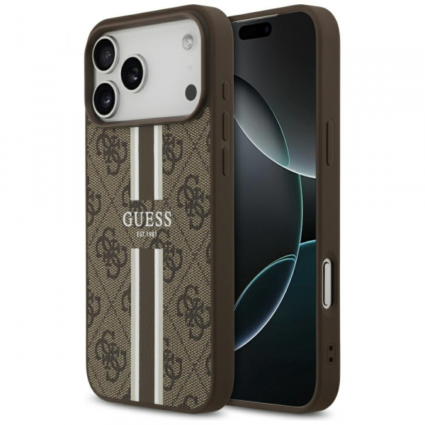 Husa MagSafe pentru Apple iPhone 18 Pro Max / 17 Pro Max, Guess, 4G Printed Stripes, Maro