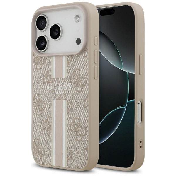 Husa MagSafe pentru Apple iPhone 18 Pro Max / 17 Pro Max, Guess, 4G Printed Stripes, Roz