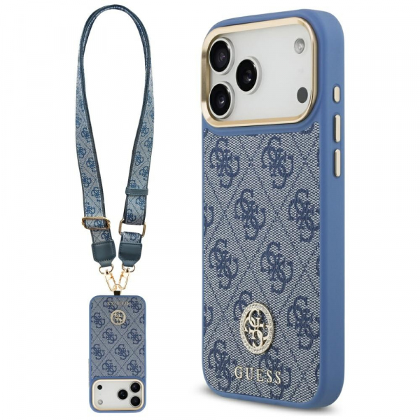 Husa MagSafe pentru Apple iPhone 18 Pro Max / 17 Pro Max, Guess, 4G Strass Logo with Big Strap, Albastra