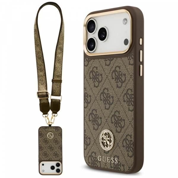 Husa MagSafe pentru Apple iPhone 18 Pro Max / 17 Pro Max, Guess, 4G Strass Logo with Big Strap, Maro