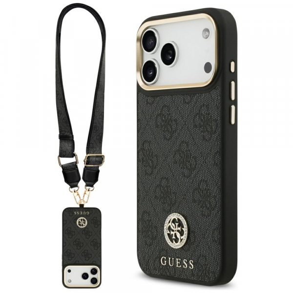 Husa MagSafe pentru Apple iPhone 18 Pro Max / 17 Pro Max, Guess, 4G Strass Logo with Big Strap, Neagra