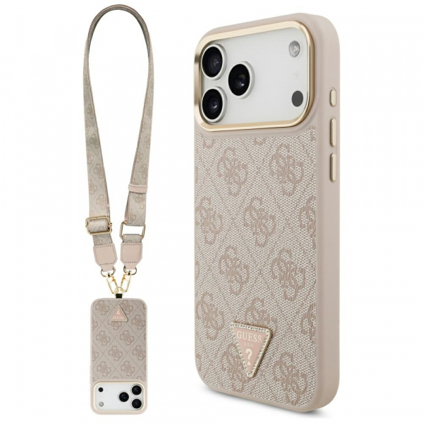 Husa MagSafe pentru Apple iPhone 18 Pro Max / 17 Pro Max, Guess, 4G Triangle Logo with Big Strap, Roz