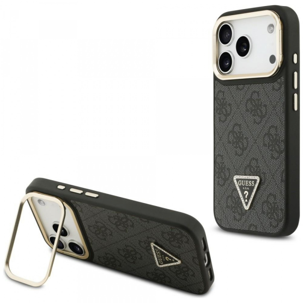 Husa MagSafe pentru Apple iPhone 18 Pro Max / 17 Pro Max, Guess, 4G Triangle Logo with Stand Camera, Neagra Aurie
