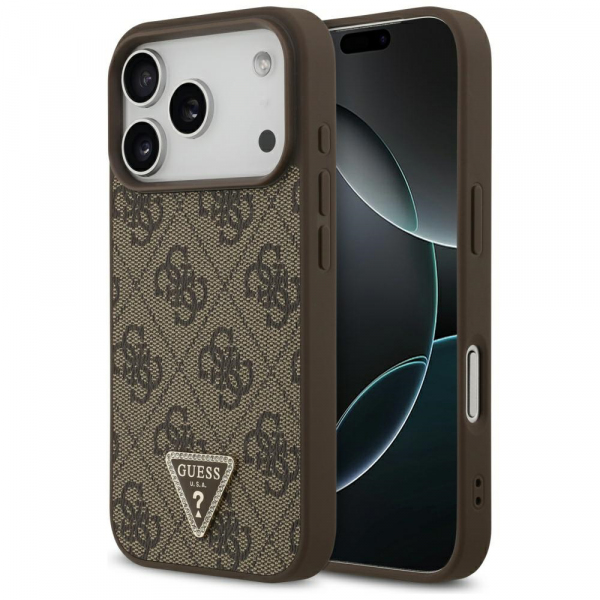 Husa MagSafe pentru Apple iPhone 18 Pro Max / 17 Pro Max, Guess, 4G Triangle Strass, Maro