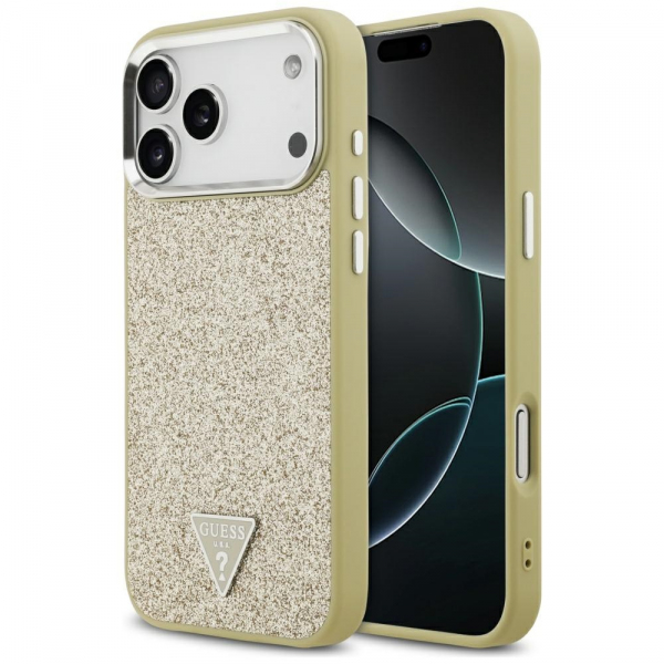 Husa MagSafe pentru Apple iPhone 18 Pro Max / 17 Pro Max, Guess, Glitter Triangle Logo, Aurie