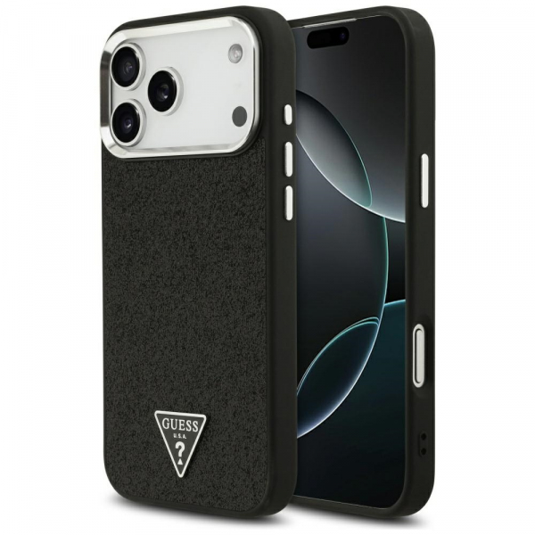 Husa MagSafe pentru Apple iPhone 18 Pro Max / 17 Pro Max, Guess, Glitter Triangle Logo, Neagra