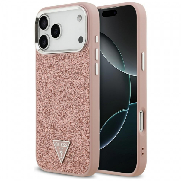 Husa MagSafe pentru Apple iPhone 18 Pro Max / 17 Pro Max, Guess, Glitter Triangle Logo, Roz