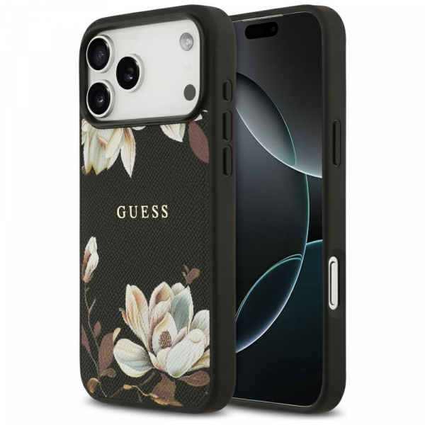 Husa MagSafe pentru Apple iPhone 18 Pro Max / 17 Pro Max, Guess, Grained Flowers, Neagra