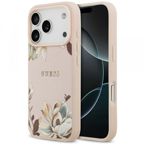 Husa MagSafe pentru Apple iPhone 18 Pro Max / 17 Pro Max, Guess, Grained Flowers, Roz