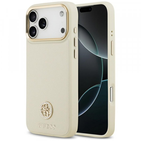 Husa MagSafe pentru Apple iPhone 18 Pro Max / 17 Pro Max, Guess, Grained Strass Logo, Bej