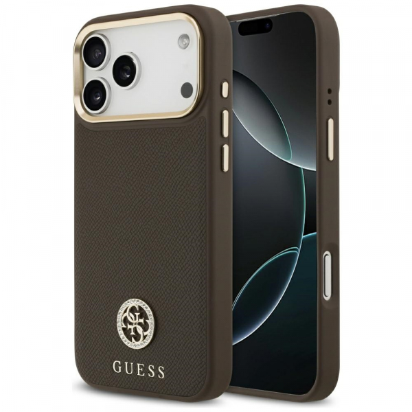 Husa MagSafe pentru Apple iPhone 18 Pro Max / 17 Pro Max, Guess, Grained Strass Logo, Maro