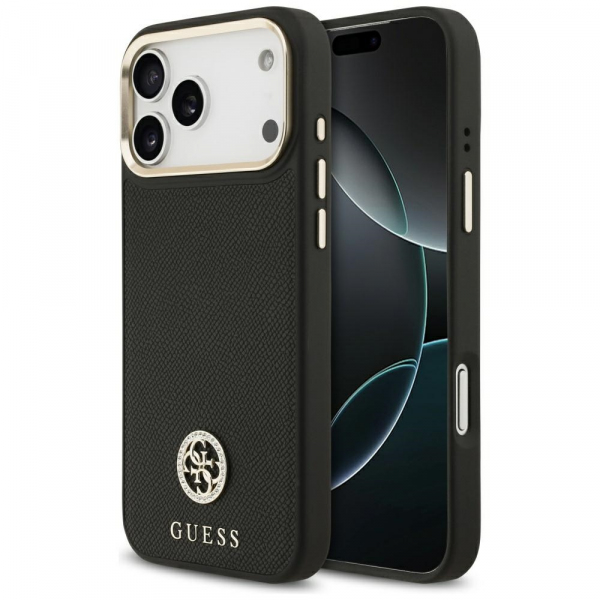 Husa MagSafe pentru Apple iPhone 18 Pro Max / 17 Pro Max, Guess, Grained Strass Logo, Neagra