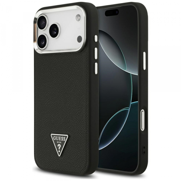 Husa MagSafe pentru Apple iPhone 18 Pro Max / 17 Pro Max, Guess, Grained Triangle Logo, Neagra