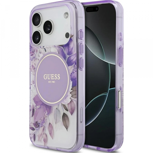 Husa MagSafe pentru Apple iPhone 18 Pro Max / 17 Pro Max, Guess, IML Flower & Tonal Circle, Mov