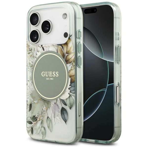Husa MagSafe pentru Apple iPhone 18 Pro Max / 17 Pro Max, Guess, IML Flower & Tonal Circle, Verde