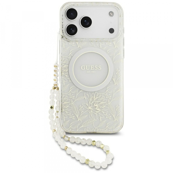 Husa MagSafe pentru Apple iPhone 18 Pro Max / 17 Pro Max, Guess, IML Flowers Allover Electroplated with Pearl Strap, Alba