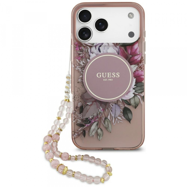 Husa MagSafe pentru Apple iPhone 18 Pro Max / 17 Pro Max, Guess, IML Flowers with Pearl Strap, Roz
