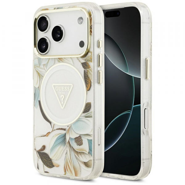 Husa MagSafe pentru Apple iPhone 18 Pro Max / 17 Pro Max, Guess, IML Metal Glitter Flowers Triangle, Alba