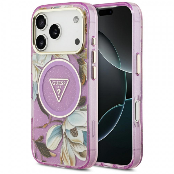 Husa MagSafe pentru Apple iPhone 18 Pro Max / 17 Pro Max, Guess, IML Metal Glitter Flowers Triangle, Mov