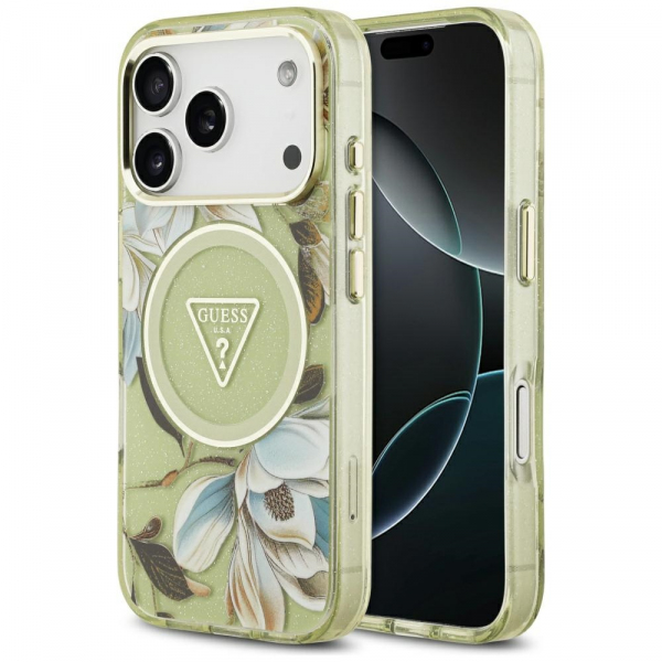 Husa MagSafe pentru Apple iPhone 18 Pro Max / 17 Pro Max, Guess, IML Metal Glitter Flowers Triangle, Verde