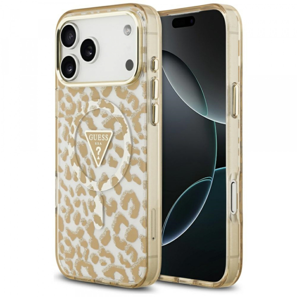 Husa MagSafe pentru Apple iPhone 18 Pro Max / 17 Pro Max, Guess, Leopard Glitter, Maro