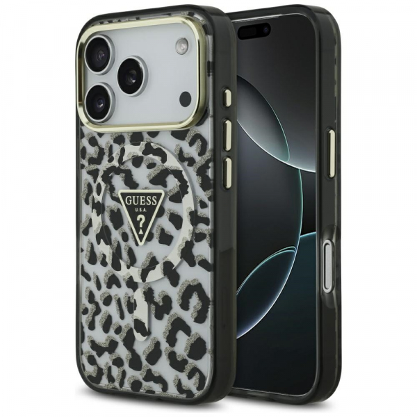Husa MagSafe pentru Apple iPhone 18 Pro Max / 17 Pro Max, Guess, Leopard Glitter, Neagra