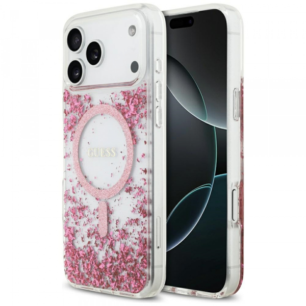 Husa MagSafe pentru Apple iPhone 18 Pro Max / 17 Pro Max, Guess, Resin Bottom Glitter, Roz