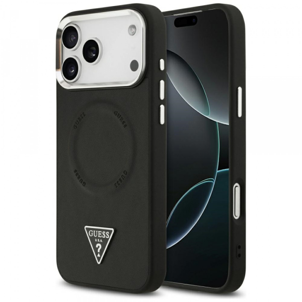 Husa MagSafe pentru Apple iPhone 18 Pro Max / 17 Pro Max, Guess, Triangle Logo, Neagra Argintie