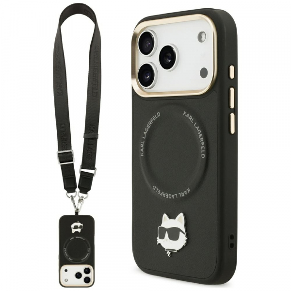 Husa MagSafe pentru Apple iPhone 18 Pro Max / 17 Pro Max, Karl Lagerfeld, Big Strap Choupette Metal Logo, Neagra