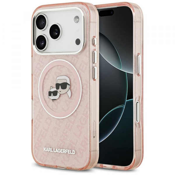 Husa MagSafe pentru Apple iPhone 18 Pro Max / 17 Pro Max, Karl Lagerfeld, Glitter Karl & Choupette Head, Roz
