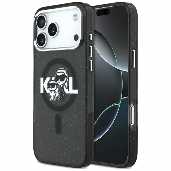Husa MagSafe pentru Apple iPhone 18 Pro Max / 17 Pro Max, Karl Lagerfeld, IML Sketch Logo Glitter Karl & Choupette, Neagra