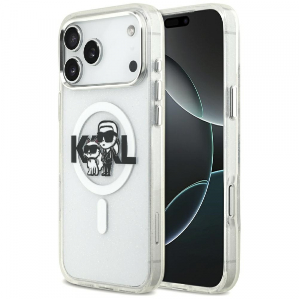 Husa MagSafe pentru Apple iPhone 18 Pro Max / 17 Pro Max, Karl Lagerfeld, IML Sketch Logo Glitter Karl & Choupette, Transparenta