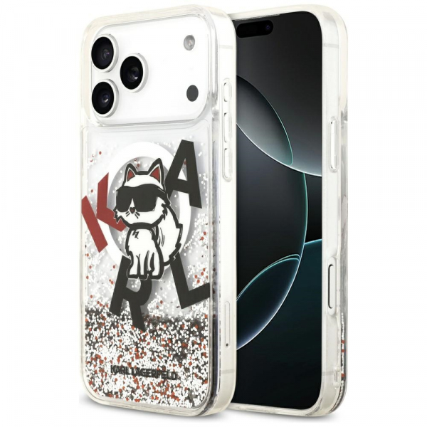 Husa MagSafe pentru Apple iPhone 18 Pro Max / 17 Pro Max, Karl Lagerfeld, Liquid Glitter Logo Choupette, Transparenta