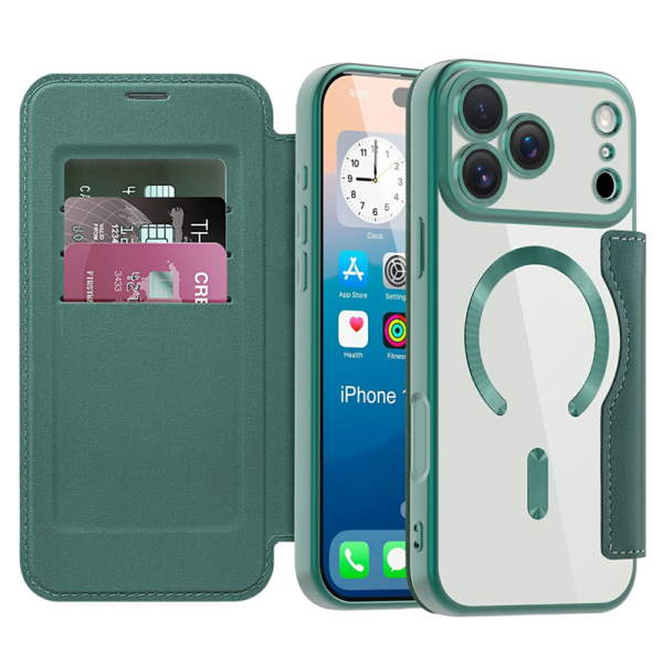 Husa MagSafe pentru Apple iPhone 18 Pro Max / 17 Pro Max, Techsuit, SmartMag Book, Verde