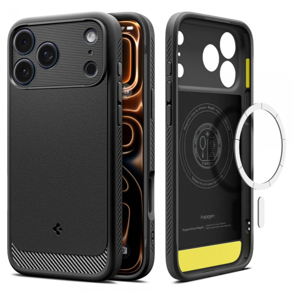 Husa MagSafe pentru Apple iPhone 18 Pro / 17 Pro, Spigen, Rugged Armor, Neagra Mata ACS10329
