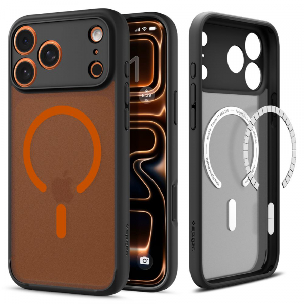 Husa MagSafe pentru Apple iPhone 18 Pro / 17 Pro, Spigen, Ultra Hybrid, Neagra Portocalie Satinata ACS10483
