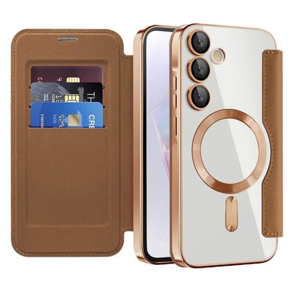 Husa MagSafe pentru Samsung Galaxy A35 5G A356, Techsuit, SmartMag Book, Maro