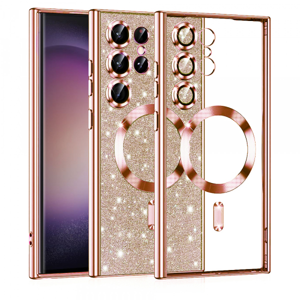 Husa MagSafe pentru Samsung Galaxy S23 Ultra S918, Techsuit, Luxury Glitter, Roz Aurie