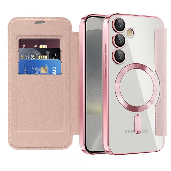 Husa MagSafe pentru Samsung Galaxy S24 S921, Techsuit, SmartMag Book, Roz