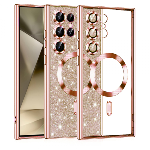 Husa MagSafe pentru Samsung Galaxy S24 Ultra S928, Techsuit, Luxury Glitter, Roz Aurie
