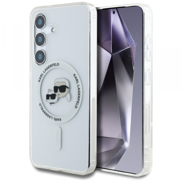 Husa MagSafe pentru Samsung Galaxy S25+ S936, Karl Lagerfeld, IML Metal Karl & Choupette\'s Heads, Argintie