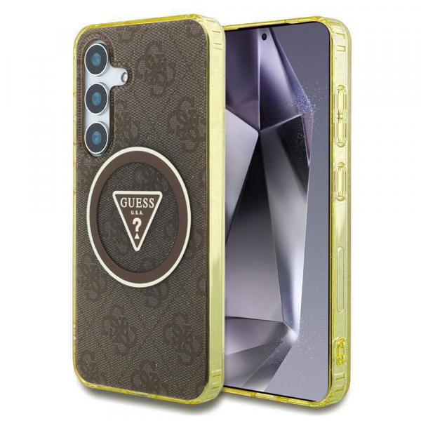 Husa MagSafe pentru Samsung Galaxy S25 S931, Guess, IML Glitter 4G Circle Triangle, Maro