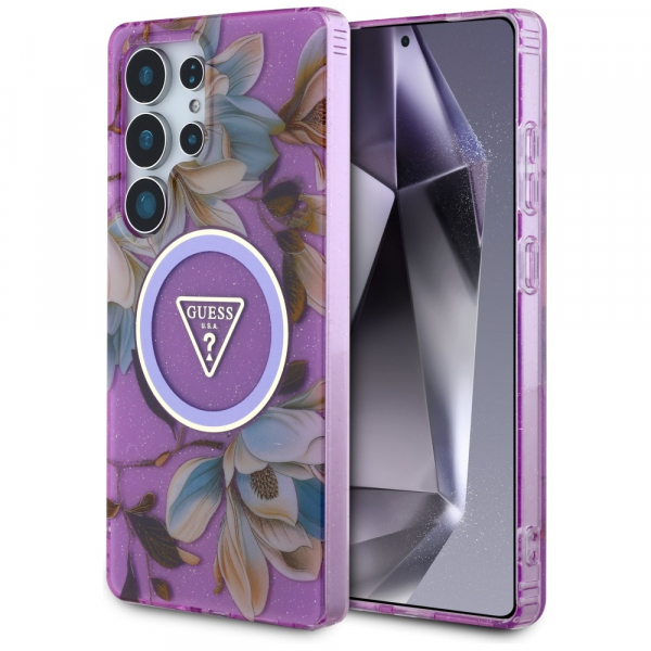 Husa MagSafe pentru Samsung Galaxy S25 Ultra S938, Guess, IML Metal Glitter Flowers Triangle, Mov