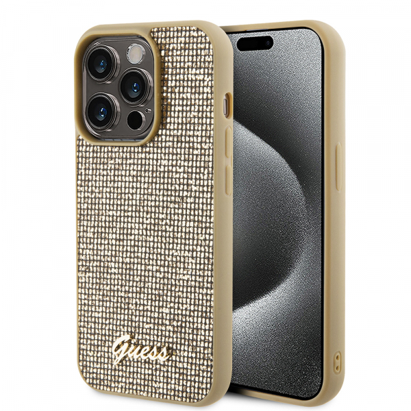 Husa pentru Apple iPhone 15 Pro, Guess, PU Square Mirror Script Logo, Aurie