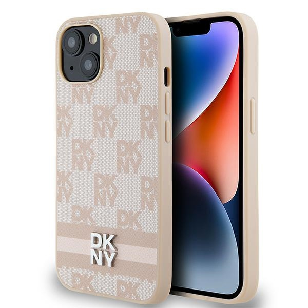 Husa pentru Apple iPhone 14, DKNY, Checkered Mono Pattern & Printed Stripes, Roz