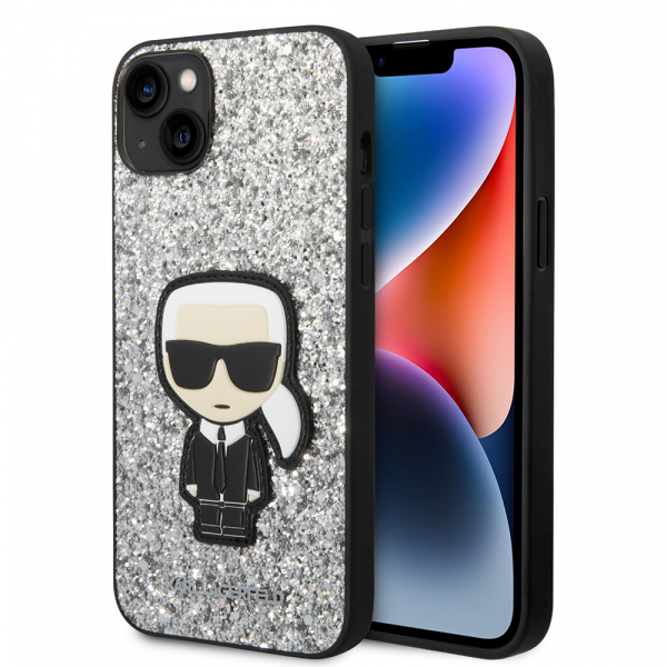 Husa pentru Apple iPhone 14 Plus, Karl Lagerfeld, Glitter Flakes Ikonik Karl, Argintie